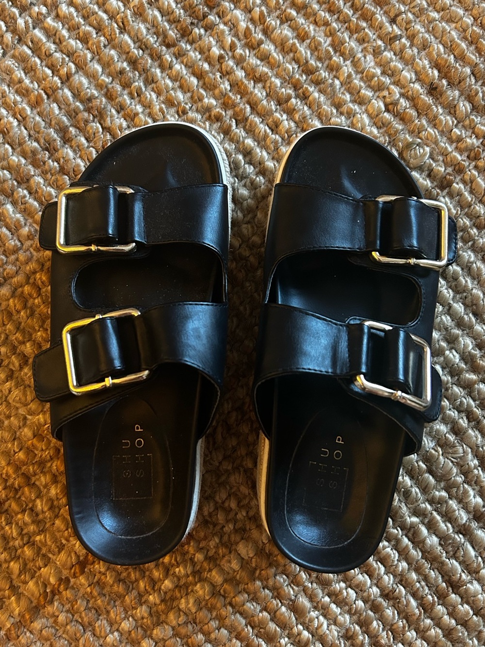 ShuShop Black Double-Strap Slide Sandals with Gold Buckles